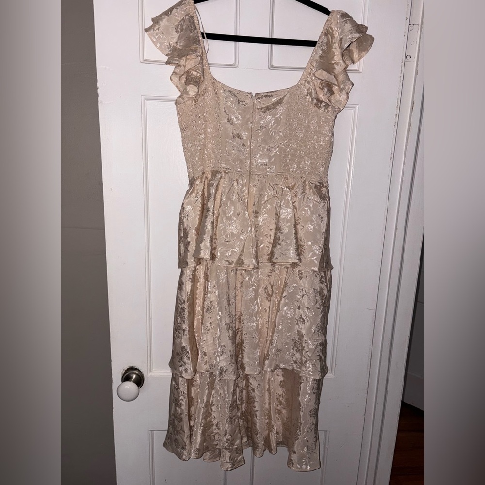 Sleeveless Floral Satin Tiered Midi Dress - Beige - Picture 4 of 4